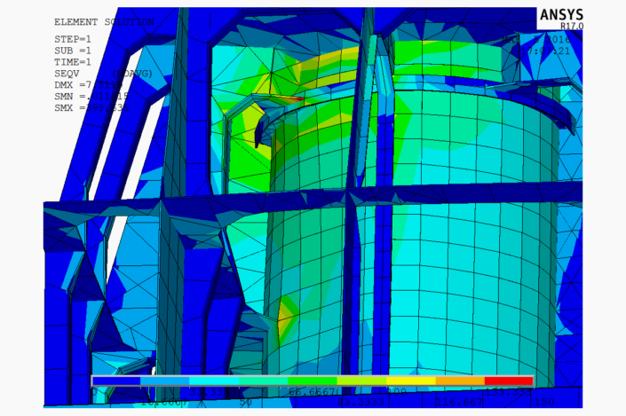 Figure 5.24 - VonMises Stress, Ring and Girder Detail (225 deg Load Case)